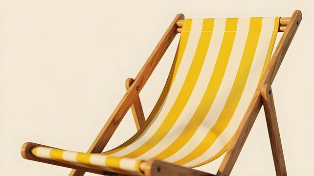 A classic wooden deckchair with yellow and white stripes perfect for a relaxing summer bank holiday vacation