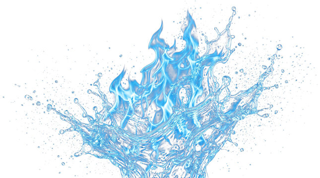 Blue fire flames rising from water splash isolated on transparent background