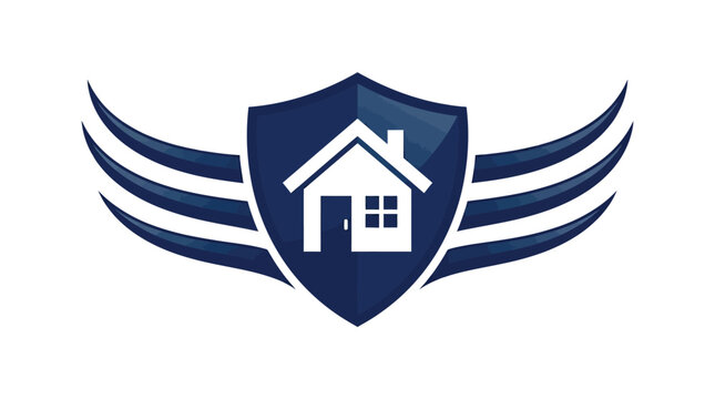 Shiny blue shield emblem featuring a white house icon with stylized wings for real estate