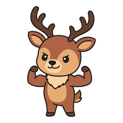Obraz premium Cute muscular deer cartoon mascot flexing arms in kawaii vector style illustration.