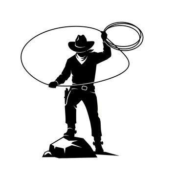 Cowboy Standing Raising Lasso Rope Loop Above Head Silhouette Black Vector Illustration Isolated on White Background for Western Rodeo Design