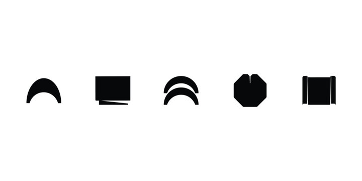 Set of five abstract geometric black silhouette featuring curved shapes and industrial components for modern and layouts