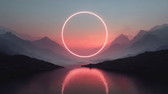 Neon ring over mountain landscape