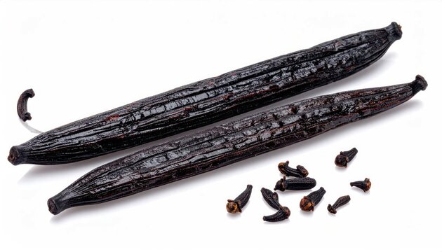 Two Fresh Vanilla Beans and Cloves Isolated on White Background.