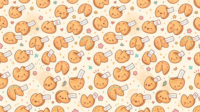 Seamless pattern with cute cartoon fortune cookies on a light background.
