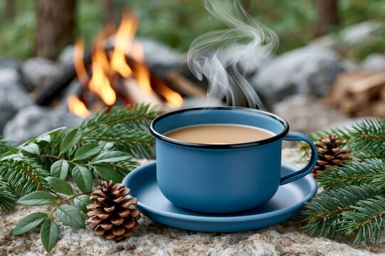 Steaming coffee in blue camping mug by campfire