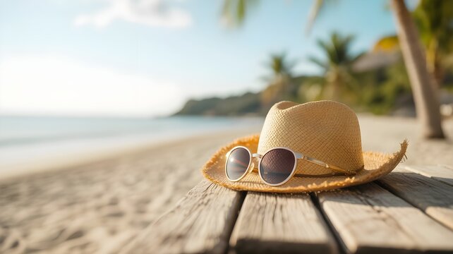 Straw hat and sunglasses on a wooden table at the beach during a relaxing summer bank holiday weekend