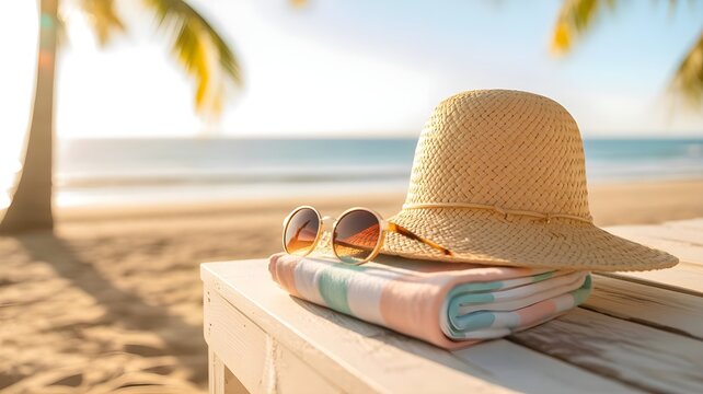 Relaxing beach scene with a straw hat and sunglasses perfect for a sunny summer bank holiday getaway