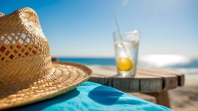 Relaxing beach scene with a straw hat and refreshing drink perfect for a sunny summer bank holiday getaway
