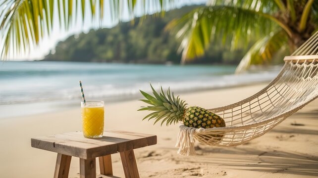 Refreshing tropical fruit drink on a wooden table at the beach during a relaxing summer bank holiday