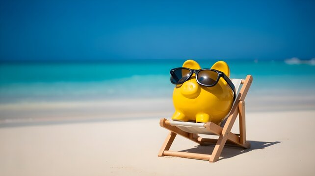 Yellow piggy bank wearing sunglasses relaxing on a beach chair for a fun summer bank holiday vacation concept