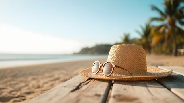 Straw hat and sunglasses on a wooden table at the beach during a relaxing summer bank holiday