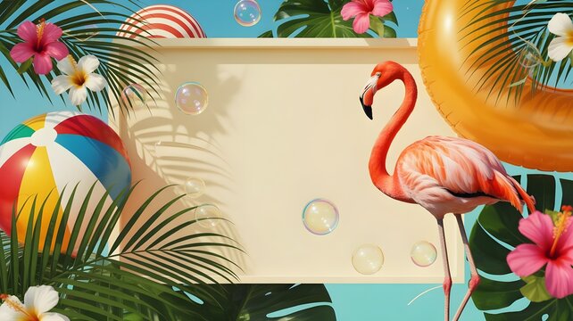 Empty sign board with tropical summer bank holiday decorations and flamingo for vacation travel advertising background
