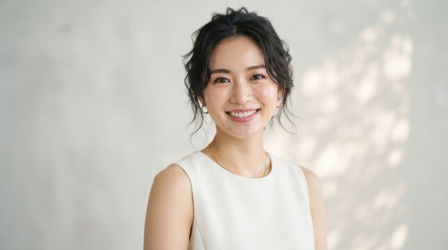 Portrait of a beautiful smiling japanese woman in a white sleeveless top