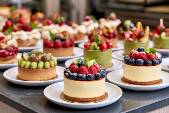 Assortment of gourmet fruit pastries and sweet desserts