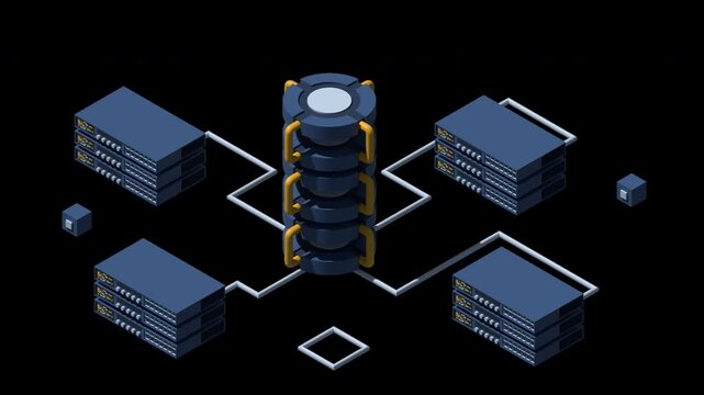 3D isometric cloud database animation. Database with cloud server. Cloud storage. Data transmission technology. Isometric technology. Transparent background with alpha channel
