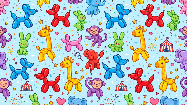 Seamless pattern with colorful balloon animals on blue background.