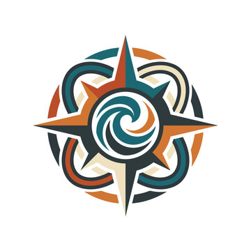 This image features a modern compass design intertwined with abstract elements like swirls and geometric shapes, symbolizing navigation and exploration.