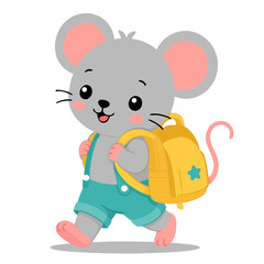 Cute little mouse character walking with a yellow backpack to school, cartoon vector illustration.