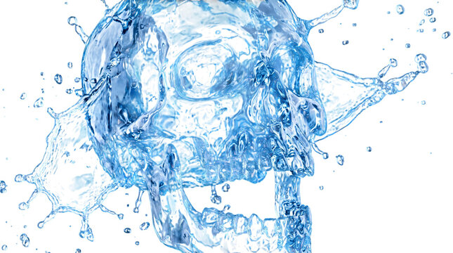 Human skull made of water splashes isolated on transparent background