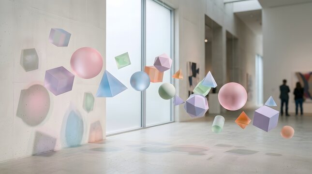 Floating geometric shapes in modern art gallery exhibition room soft pastel colors transparent translucent objects casting shadows on wall and floor interactive display.