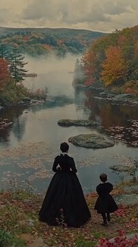 Woman and Child Walking in Foggy Landscape with Colorful Autumn Foliage and Water