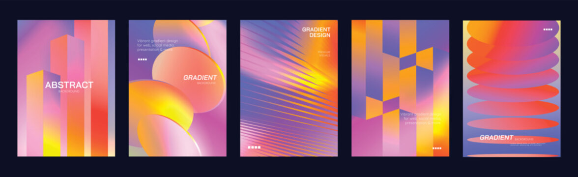 Abstract gradient poster background vector set. Modern cover templates with colorful geometric shapes and optical illusion design for social media, banner and wallpaper.