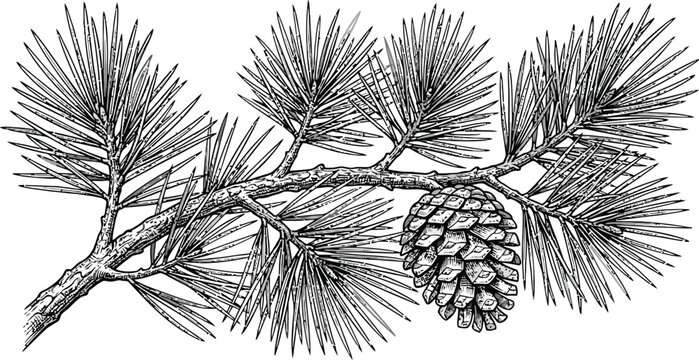 Detailed illustration of a pine branch with a cone vintage engraving style perfect for nature themes and botanical designs