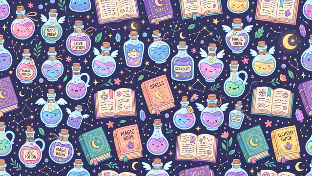 Seamless pattern with magical potion bottles and spell books.