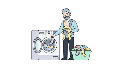 Father does laundry with baby in carrier