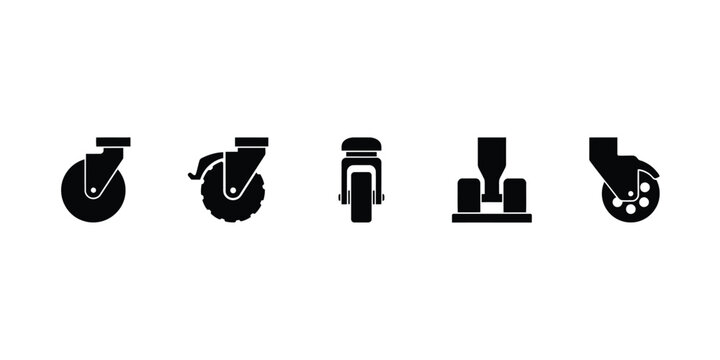Five industrial caster wheel and roller featuring various mounting styles and tread patterns for heavy duty equipment and mobility solutions