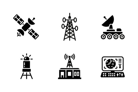 Set of six communication and technology icons, including satellite, tower, rover, beacon, station, and computer screen displaying radar data