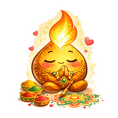 Naklejka premium Diwali Celebration Character: A cute, anthropomorphic flame character adorned with jewelry and prayer hands sits amidst colorful powders and a rangoli design.