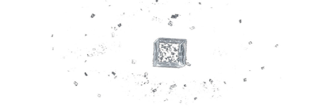 Single ice cube falling with splashing water droplets on black backgro