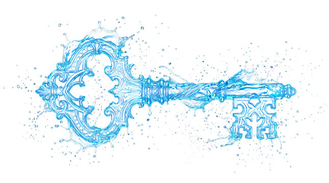 An ornate vintage key made of liquid water isolated on transparent background