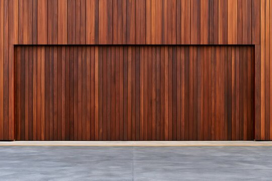Modern wood garage door with vertical cladding and concrete driveway
