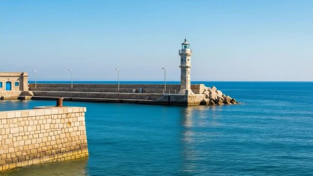 Historical stone lighthouse standing on the edge of a harbor breakwater wall