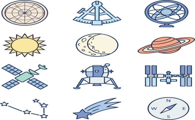 Astronomy Space Exploration and Vintage Navigation Icon Set with Sextant Lunar Lander Satellite and Planet Symbols for Education Graphic Designs © MD