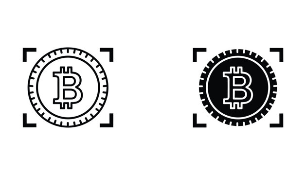Bitcoin cryptocurrency coin icon set with digital currency symbol in target frame in both outline and solid black vector style for fintech blockchain finance and investment apps