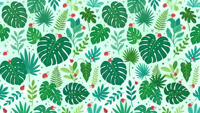 Tropical jungle leaves and ladybug seamless pattern.