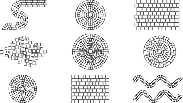 Geometric tile pattern line drawings illustration featuring mosaic circles, winding paths, brick layouts, and abstract wavy configurations