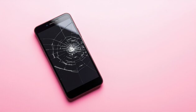 Smartphone with shattered screen on pastel pink background, emphasizing vulnerability