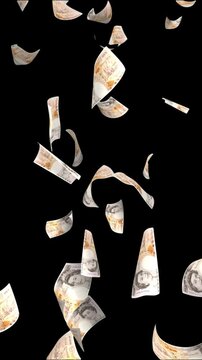Abstract video overlay with falling English pound notes. An endlessly looped background with a money rain on the theme of the fall in the national currency rate. vertical
