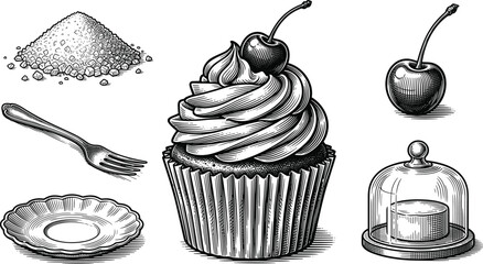 Vintage Hand Drawn Cupcake Dessert Vector Element Set with Cherry Sugar Powder Fork Saucer and Cake Cloche for Bakery Shop Menu Designs © Sultana