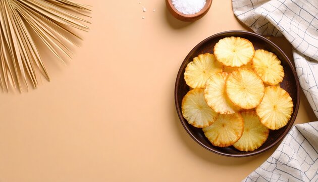 Artistic Arrangement of Crispy Yuca Fries with Palm Leaf and Tablecloth Accent