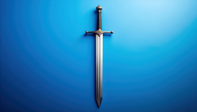 An artistic composition featuring a medieval sword against gradient blue canvas