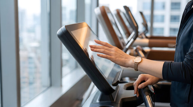 Active young woman touching digital control screen on a modern treadmill in a fitness gym.