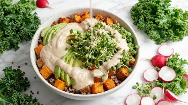 Healthy Quinoa Bowl with Avocado, Sweet Potato, and Tahini Dressing