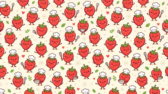 Seamless pattern with cute cartoon strawberries wearing chef hats.