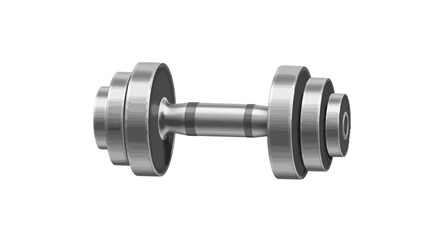 Obraz premium A metallic dumbbell is depicted against a white background. The dumbbell has multiple weight plates on each side of the central handle